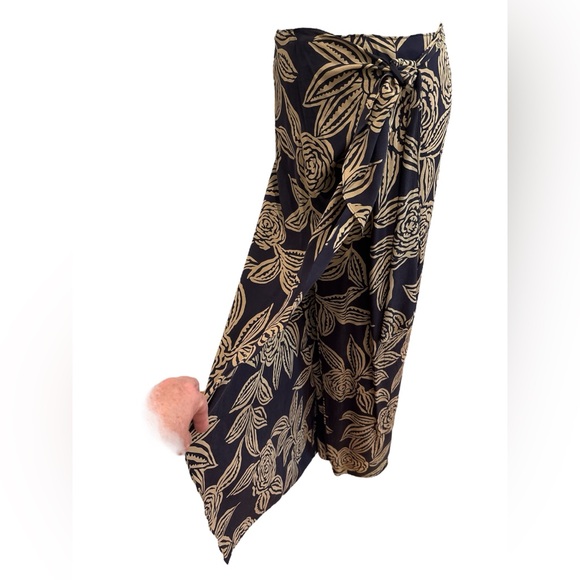80s 2PC DANA BUCHMAN SILK NAVY & TAN FLORAL FITTED LUXURY TOP & WRAP MAXI SKIRT - Picture 10 of 14